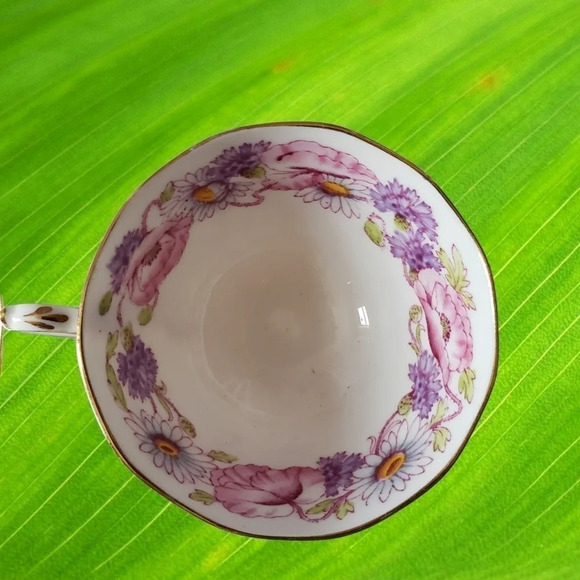Vintage Roslyn Ambleside Cup And Saucer Pink Poppies Daisies 1950s English Bone - Picture 2 of 6
